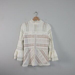 Cinq à Sept Antonia Lace Blouse Women White Cotton M Ruffle Sleeve Boho 296